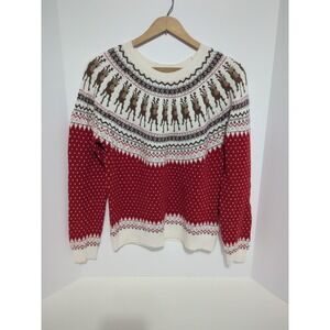 H&M red Holiday Sweater Reindeer Christmas Women L fair isle knit festive cozy